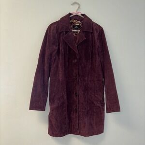 VTG Dennis Basso Leather Women's Jacket Sz M Boho Folk Long Lined Chore Coat Red